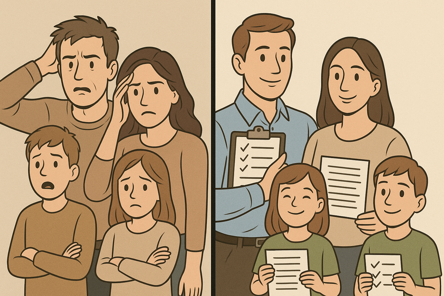 Bold split-image: left side a confused family looking stressed, right side a calm family with checklists and documents.