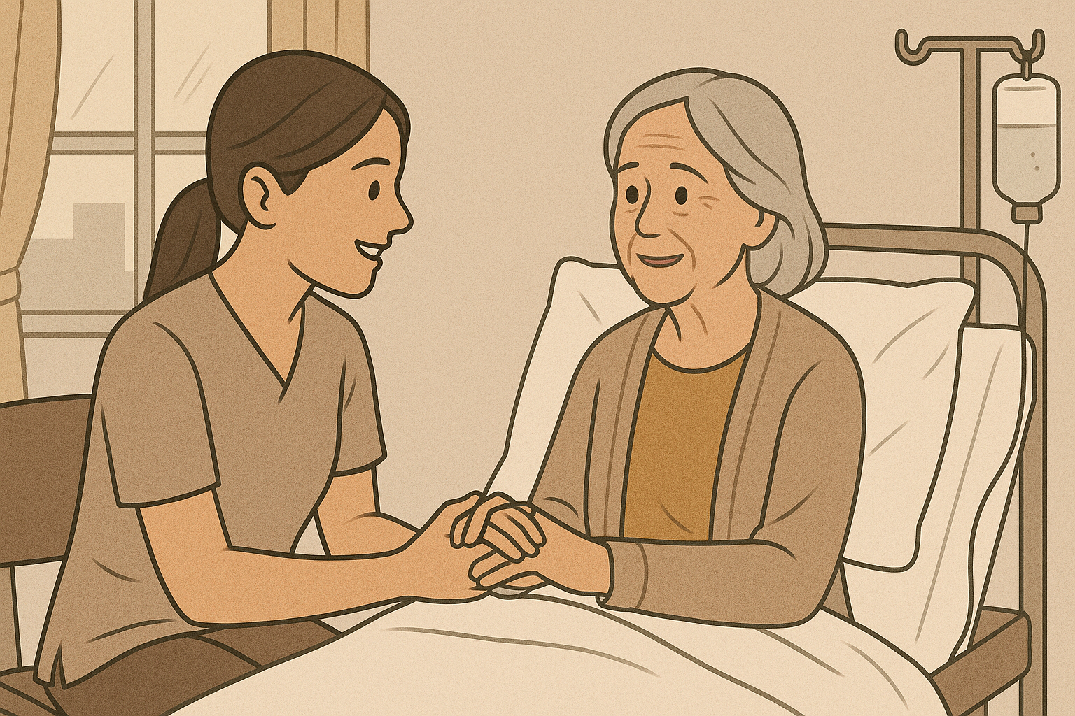 A caregiver holding hands with an elderly woman in a hospital room