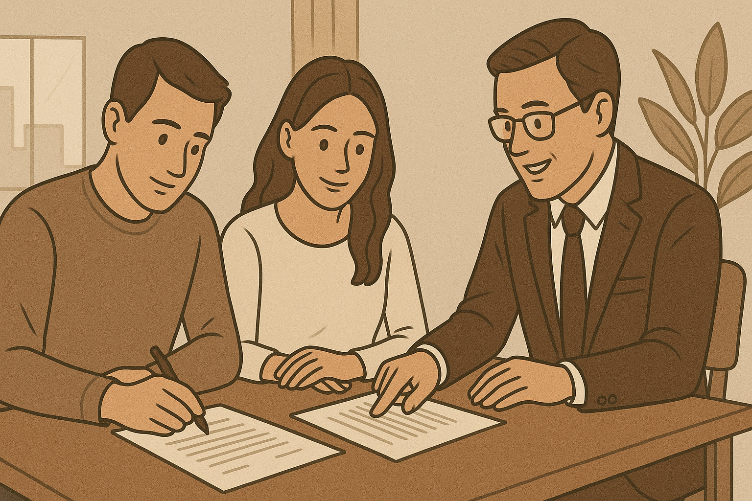 Young adult couple signing documents with attorney guidance
