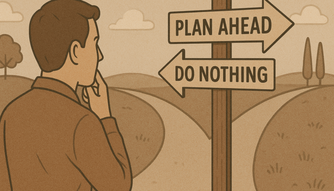 Person hesitating at a crossroads sign labeled “Plan Ahead” and “Do Nothing”