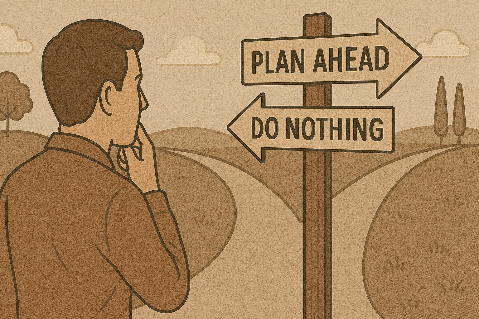 Person hesitating at a crossroads sign labeled “Plan Ahead” and “Do Nothing”