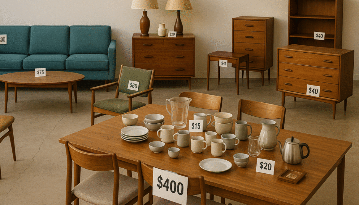 A well-organized estate sale floor with mid-century furniture