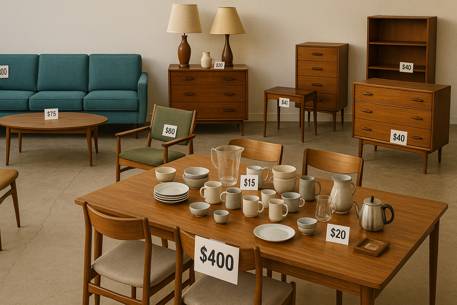 A well-organized estate sale floor with mid-century furniture