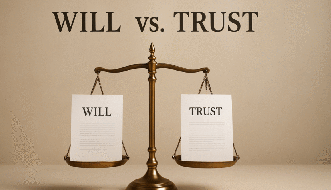 “Will vs. Trust” graphic with scales balancing documents