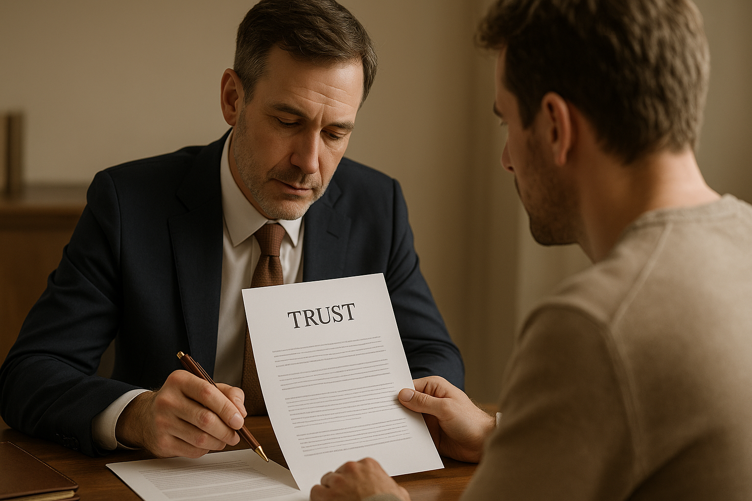 Attorney reviewing trust documents with client