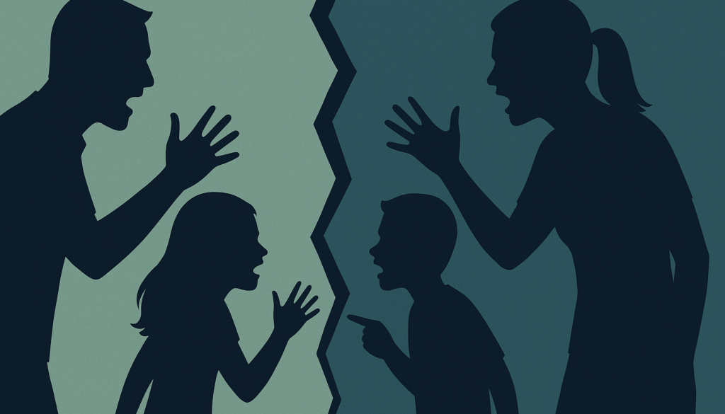 Family silhouettes divided down the middle with a cracked line (symbolizing conflict).
