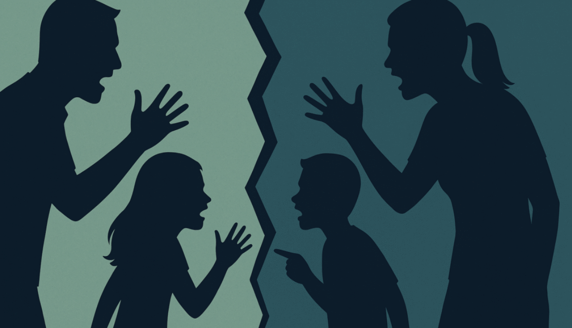 Family silhouettes divided down the middle with a cracked line (symbolizing conflict).