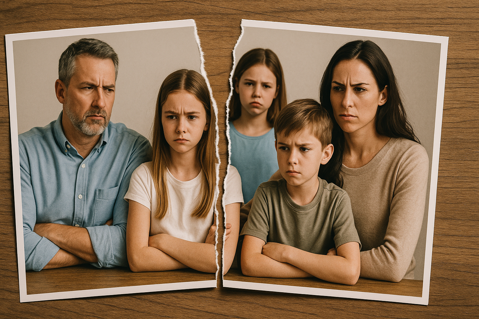 Family photos torn down the middle, symbolizing blended family conflict
