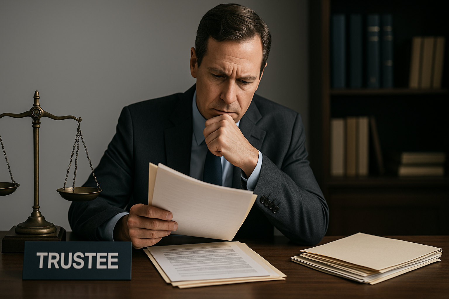 Trustee reviewing files at a desk, weighing decisions