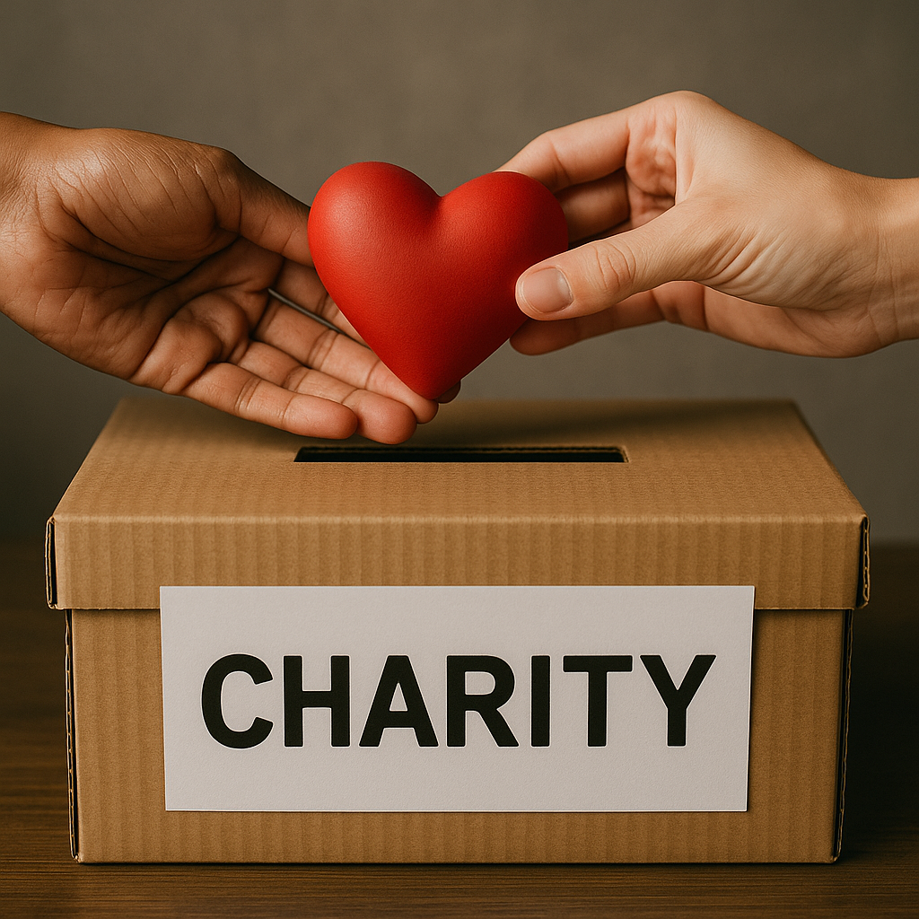 Charity donation box with hands passing a heart