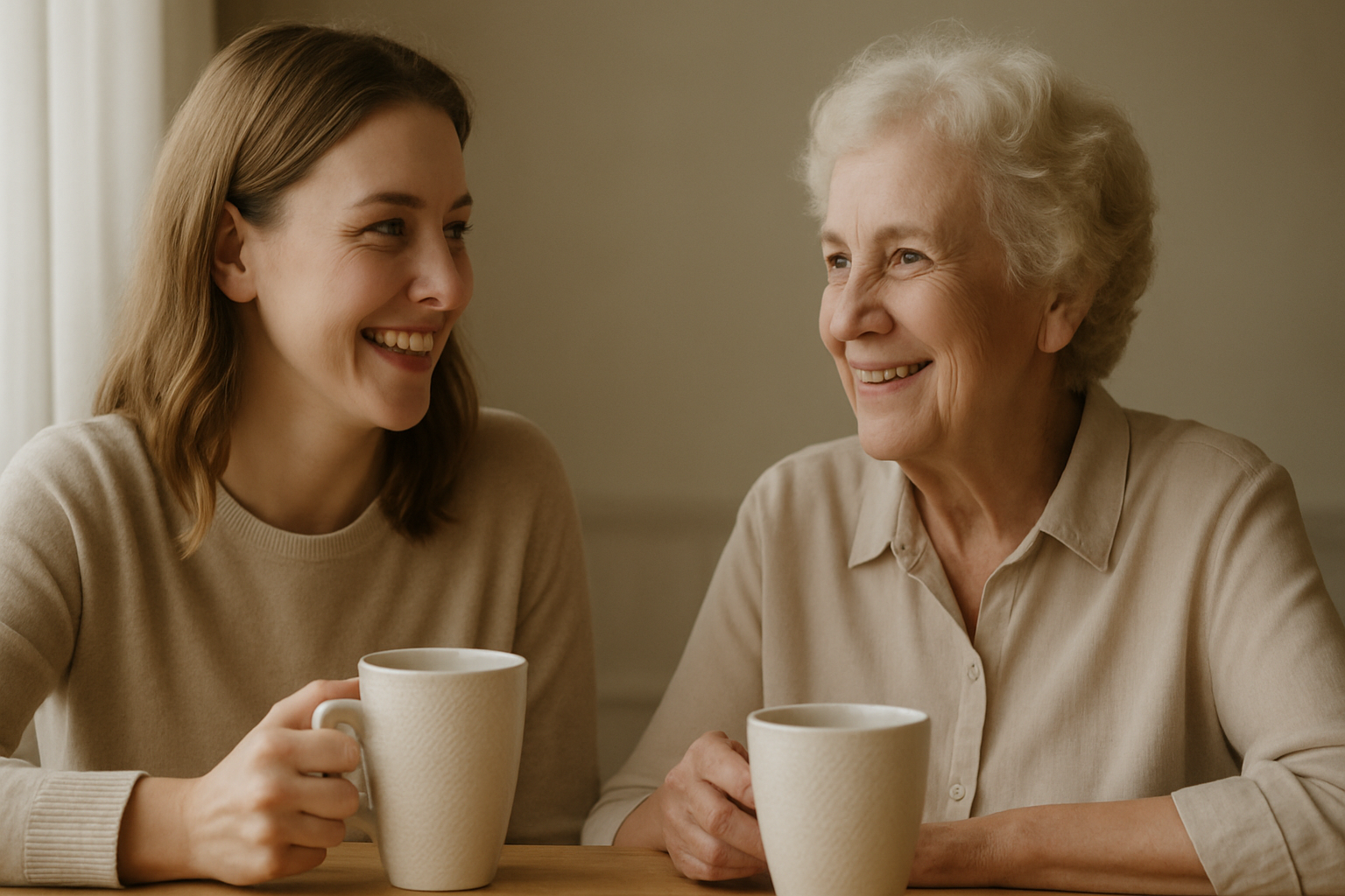 Daughter holding her mother’s hand while smiling over tea