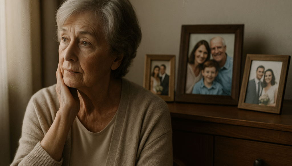 Elderly woman sitting thoughtfully beside family photos