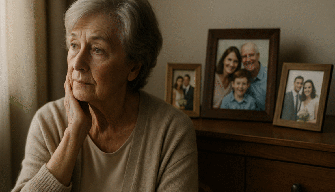 Elderly woman sitting thoughtfully beside family photos