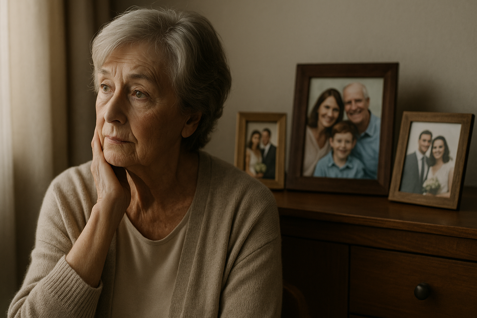 Elderly woman sitting thoughtfully beside family photos