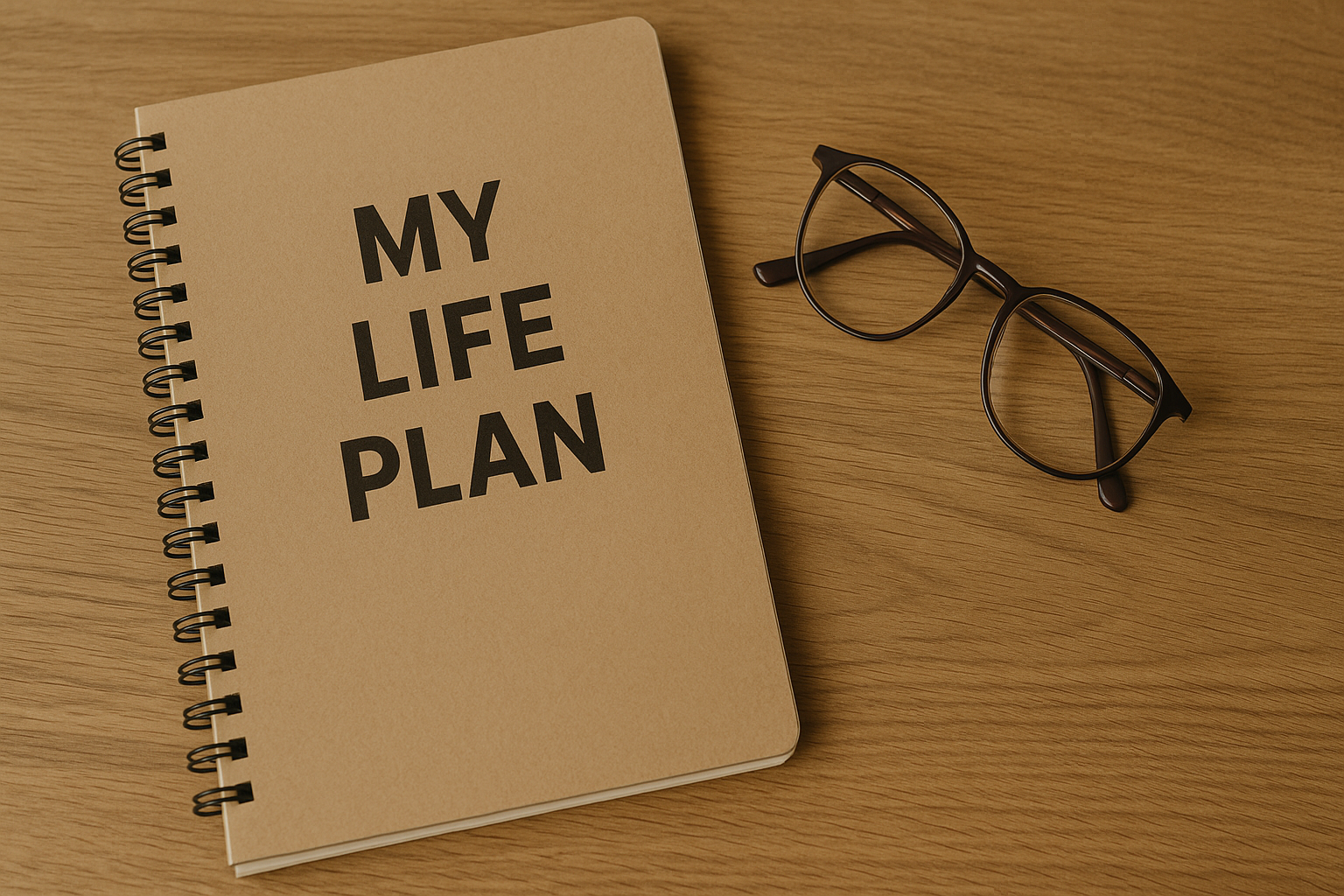 Notebook titled “My Life Plan” next to reading glasses